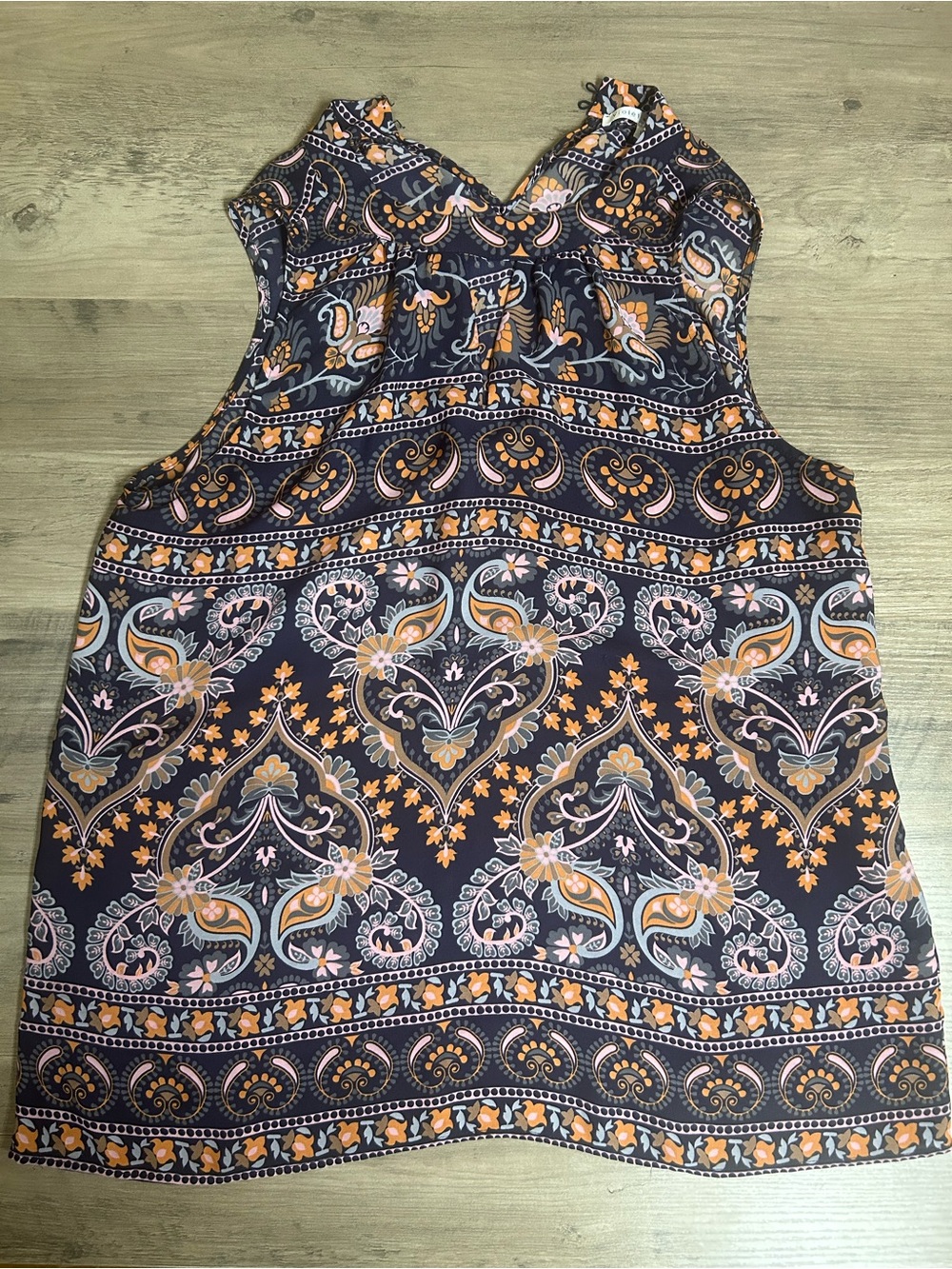 Violet & Claire Navy Paisley Print Sleeveless Camisole with Orange Accents
